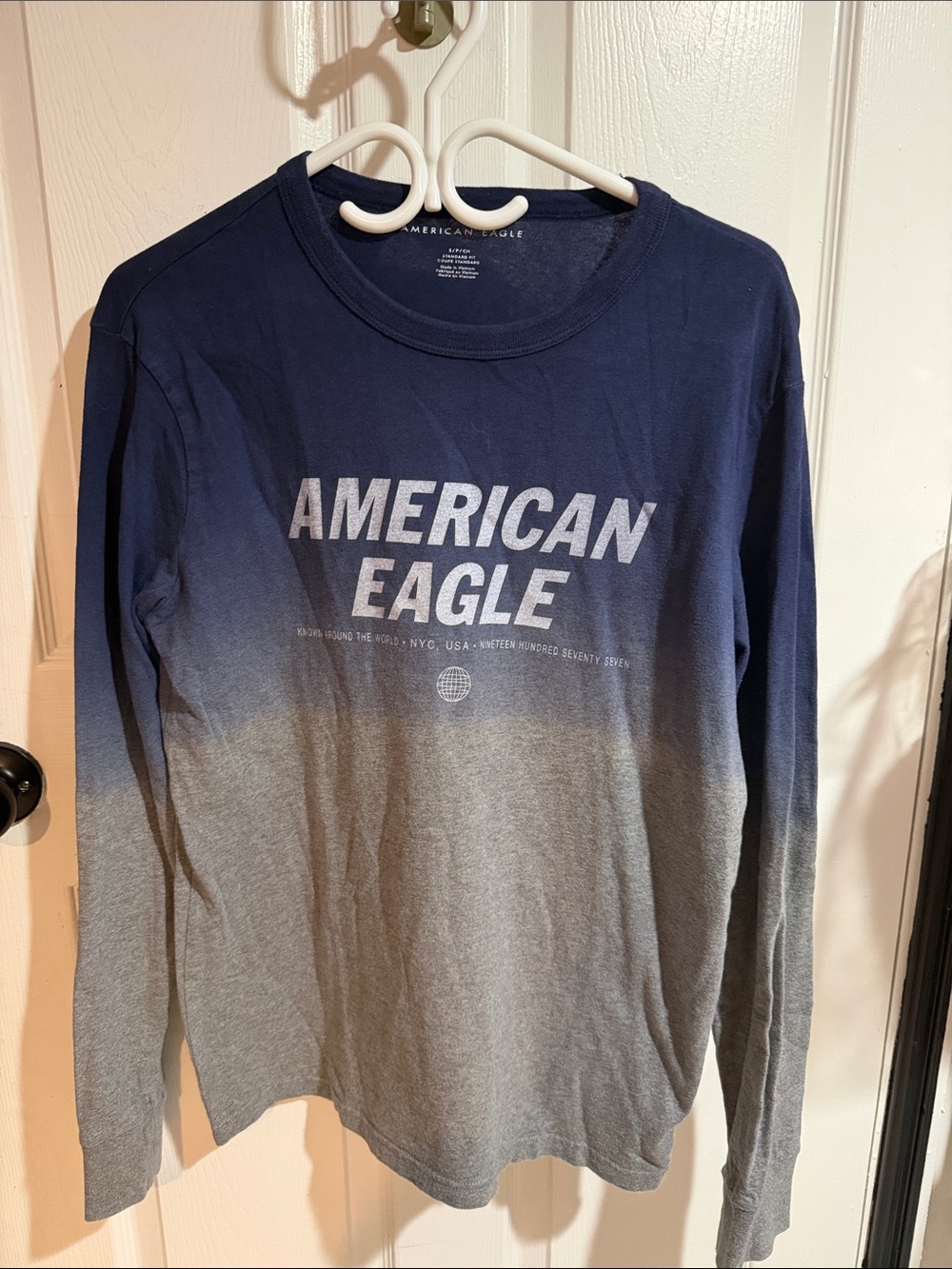 American Eagle Navy to Gray Ombre Logo Long Sleeve Shirt